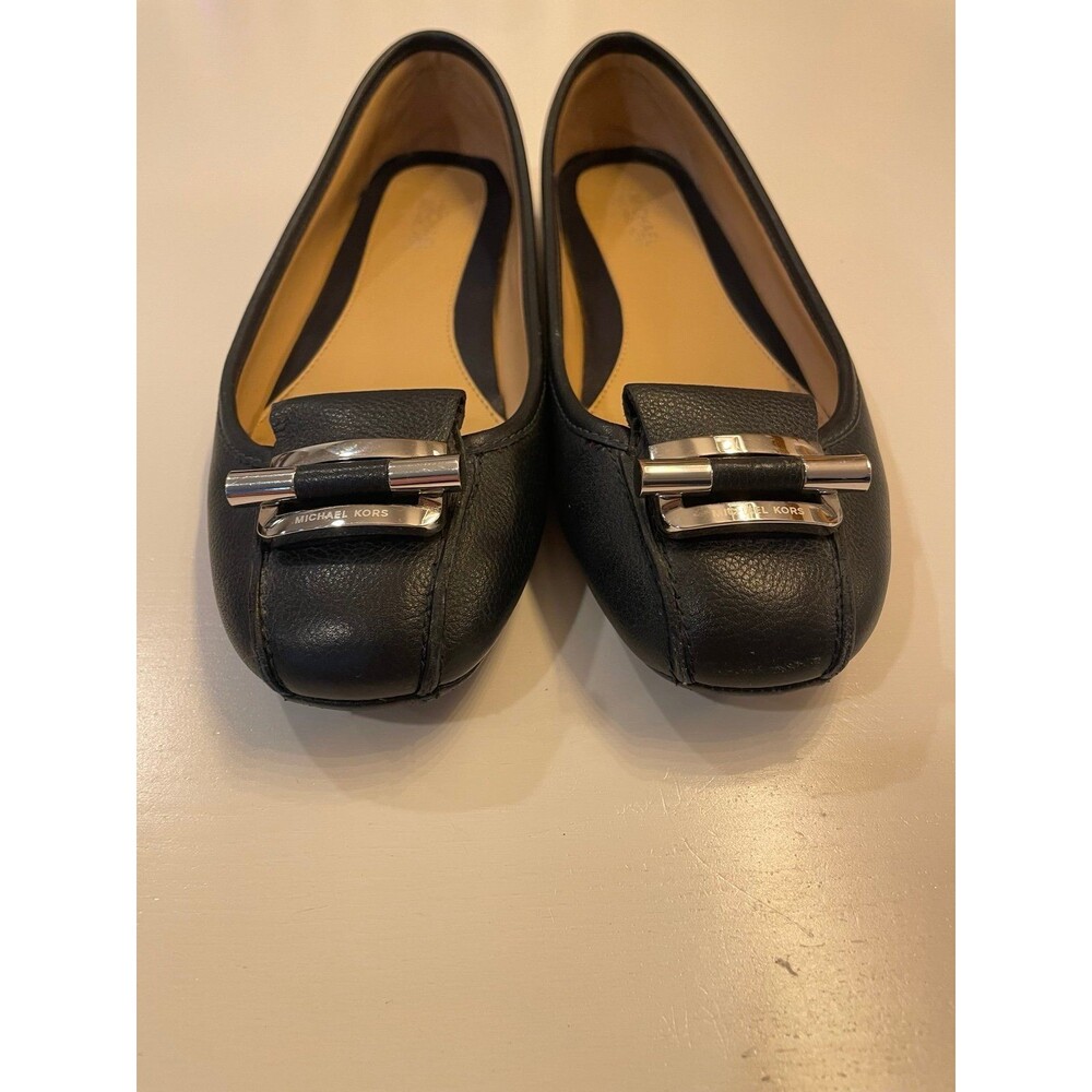 Michael Kors Lillie Black Leather Moccasin Ballet Flats Size 6.5 Silver Logo